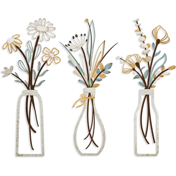 Pigort Sculptures Murales de Fleurs en Métal Style Ferme (Beige, Lot de 3)