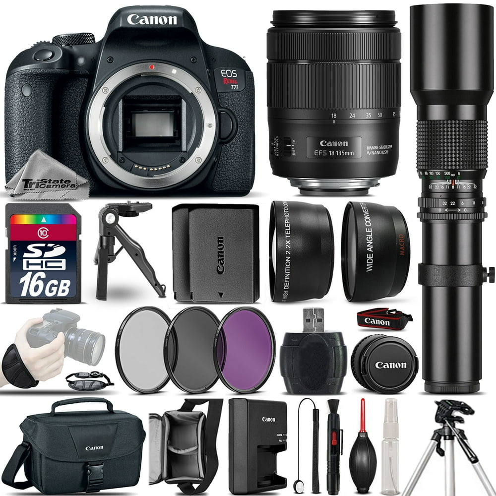Canon EOS Rebel T7i DSLR Camera + 18135mm IS + 500mm + EXT BATT 16GB