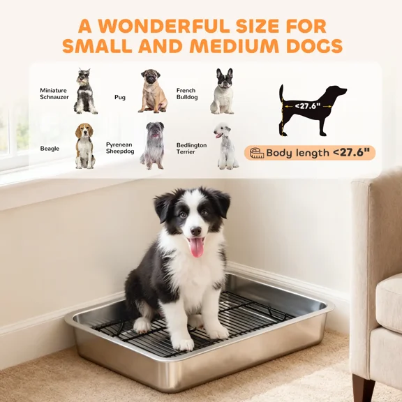 Stainless Steel Dog Potty Tray with Removable Grate, Indoor & Outdoor Puppy Potty for Small Medium Dogs, 27.6”L Large Size, Easy Clean, Rust-Proof, No Leak