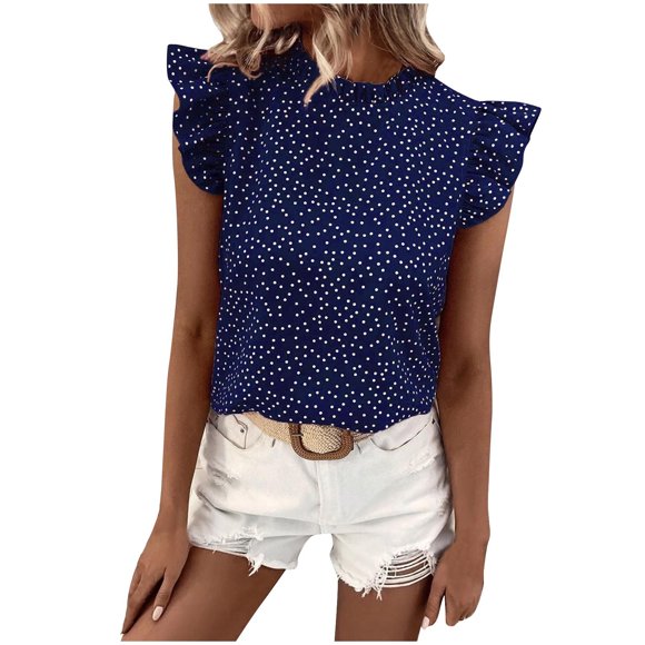 Fashion Womens Ruffle Sleeved Polka Point Short Sleeved Round Neck Top,Tops for Women,3/4 Sleeve Tops for Women,Fashion Tops for Women