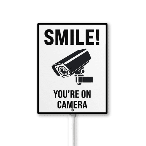 Caution Safety Sign Smile, You're on Camera Sign with Stake 8x12inch Aluminum Outdoor Decoration Sign Rustproof Sturdy Aluminum Sign for Outdoor Use Easy Install Set of 1