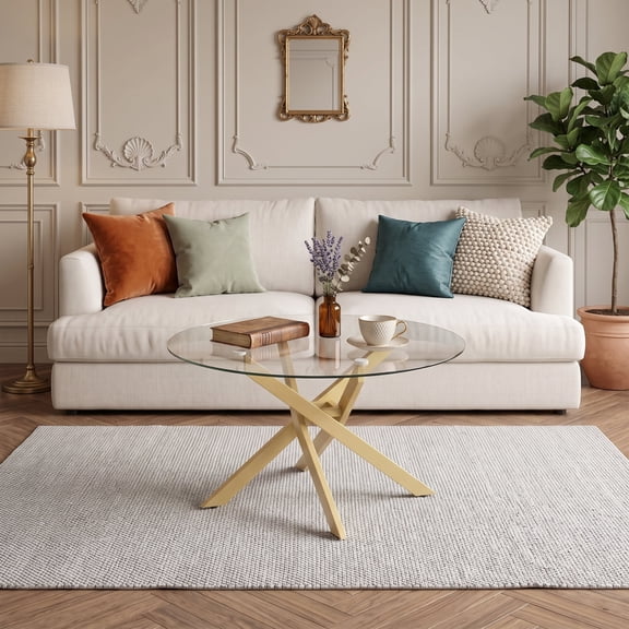 31.5" Round Coffee Table with Tempered Glass Top &Metal Leg, Modern Center Table Cocktail Tea Table for Living Room,Gold