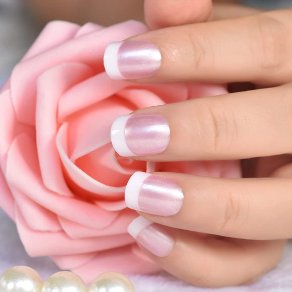 Elevenail Uñas de Verano Brillante Perla Rosa Blanco Uñas Postizas Francesas Cortas Squoval Prensa en Uñas Falsas Manicura de Salón Imitación Ongles Reutilizables Consejos de Arte de Uñas Regalo para