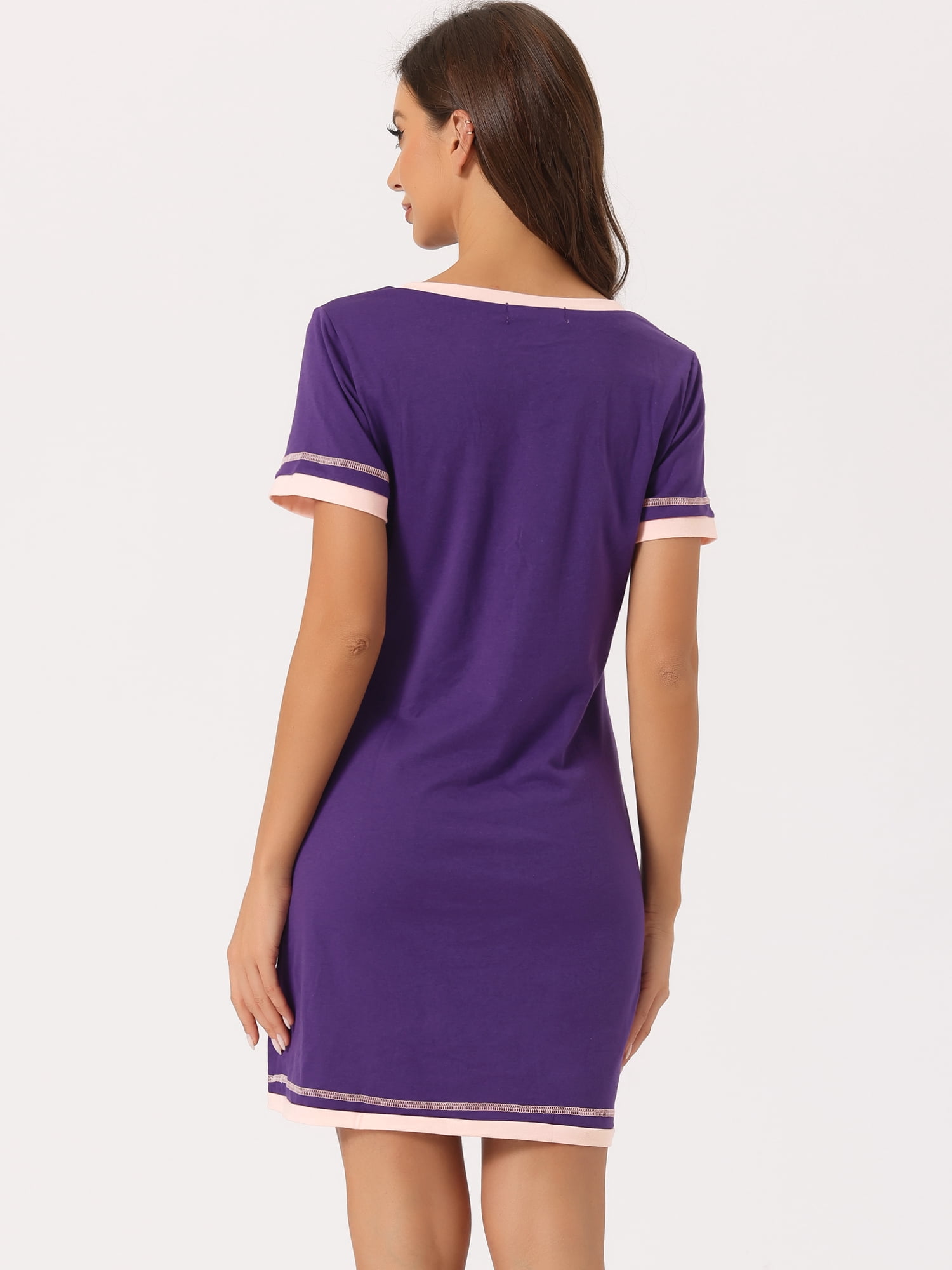 DARING DIVA Women's Short Sleeve V Neck Contrast Color Nightgown Sleepdress XS Purple