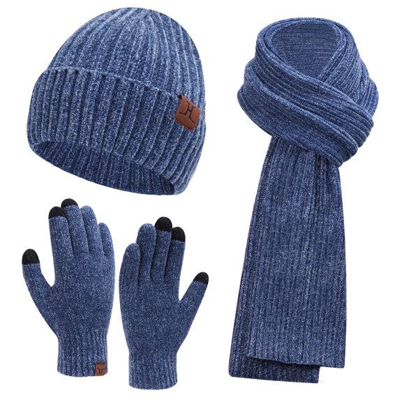 FZ FANTASTIC ZONE Woman Men Winter Warm Hat Beanie Long Scarves Touch Screen Gloves Knit Set,Blue