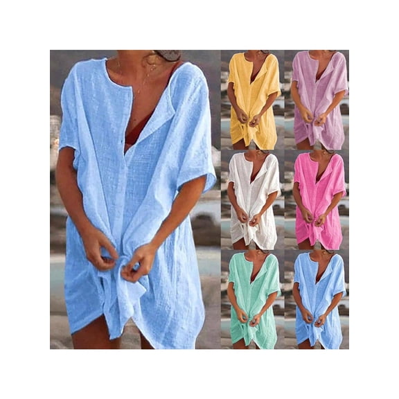 Women's Beach Bikini Cover Up Shirt Summer Swimsuit Beach Cover Up Shirt Sun Protection Casual Dresses for Women Summer Solid Short Sleeve T Shirt