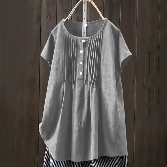 TaTaai Women's Casual Pleated Blouse Short Sleeve Round Neck Button Front Linen Feel Solid Color Top Soft Lightweight Spring Summer Daily Beach Wear Gift