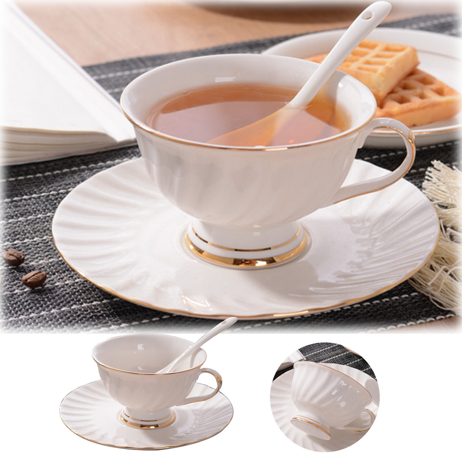 Lot De 6 Tasses à Café Avec Soucoupes – Porcelaine Blanche, Liseré Argenté, Style Rétro Années 30