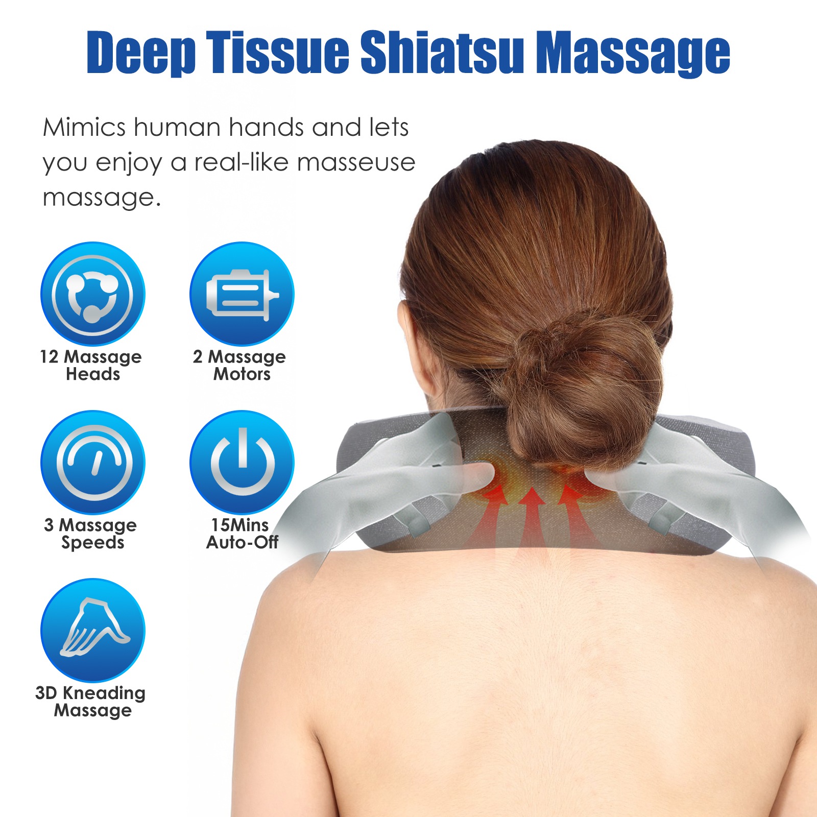 Moclever 2 in 1 Shiatsu Neck Massager with Heat, Electric Memory Foam Neck Massager Pillow with 3 Speeds Timer for Home Office Travel