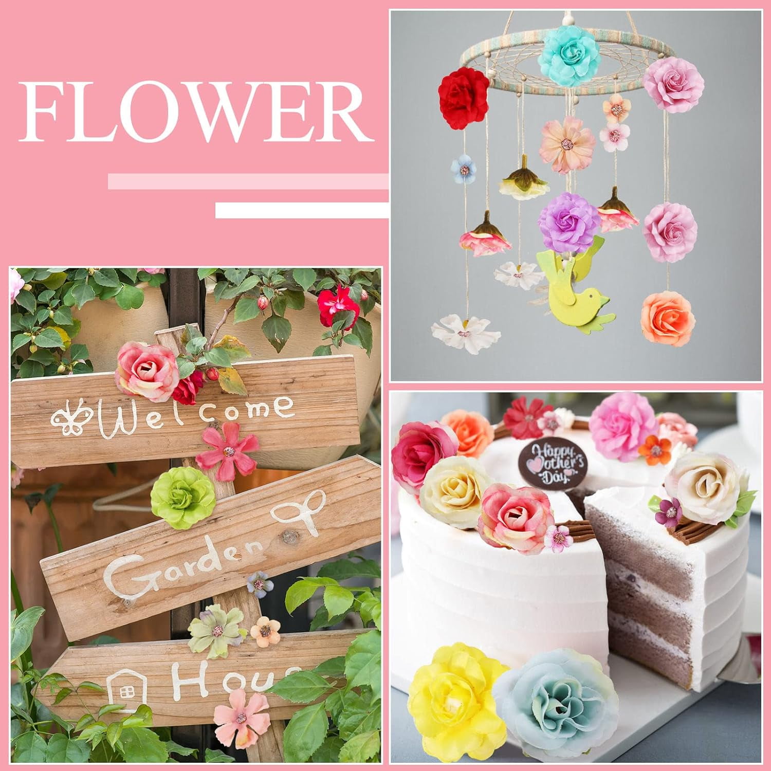 300 Pcs Faux Flower Heads Silk Artificial Plum Blossom Heads DIY Fake Mini Flowers Assorted Silk Decorative Flowers Daisy Roses Craft Supplies for Wedding Party Wreath Cake Vase Decoration (Elegant)