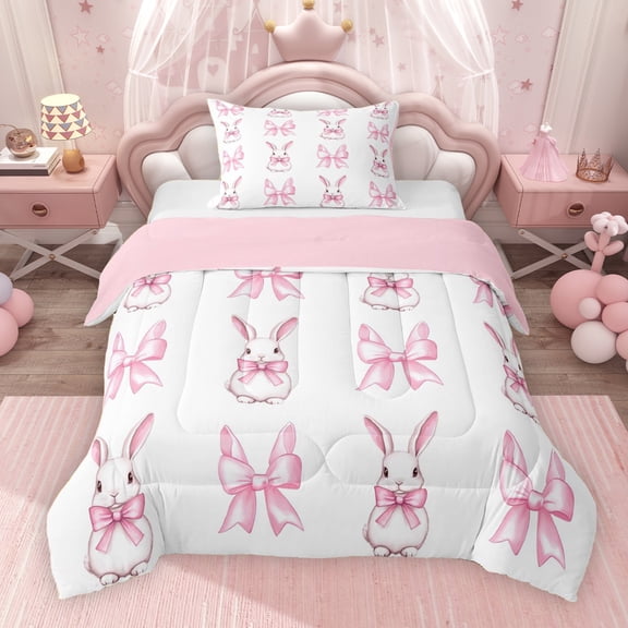 Erosebridal Cartoon Rabbit Twin Comforter Sets for Girls, Dreamy Bow Tie Bedding Set, Pink Reversible 2 Pieces, 1 Comforter and 1 Pillowcase