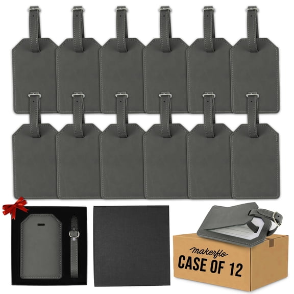 MakerFlo Gray Laserette Luggage Tag Case of 12, 4.375" x 2.875" Vegan Leather Travel Bag Tag with Privacy Flap & Adjustable Strap, Personalized Luggage Tag, Ideal Blank for - Laser Engraving