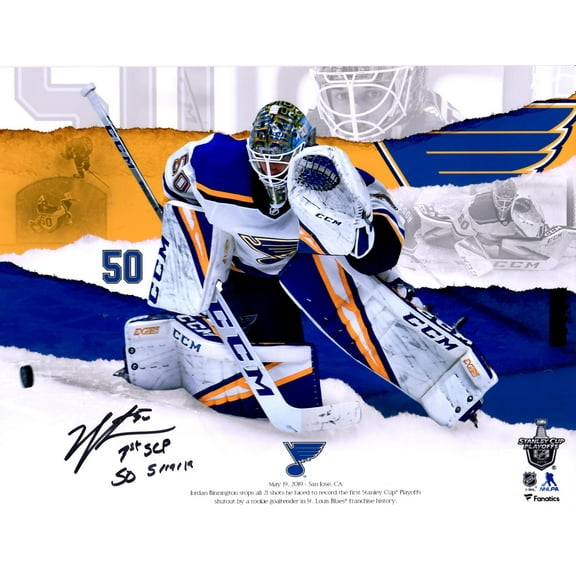 Jordan Binnington St. Louis Blues Autographed 11" x 14" First Stanley Cup Playoffs Shutout Photograph with "1st SCP Shutout 5/19/19" Inscription - Limited Edition of 50 - Fanatics Authentic Certified