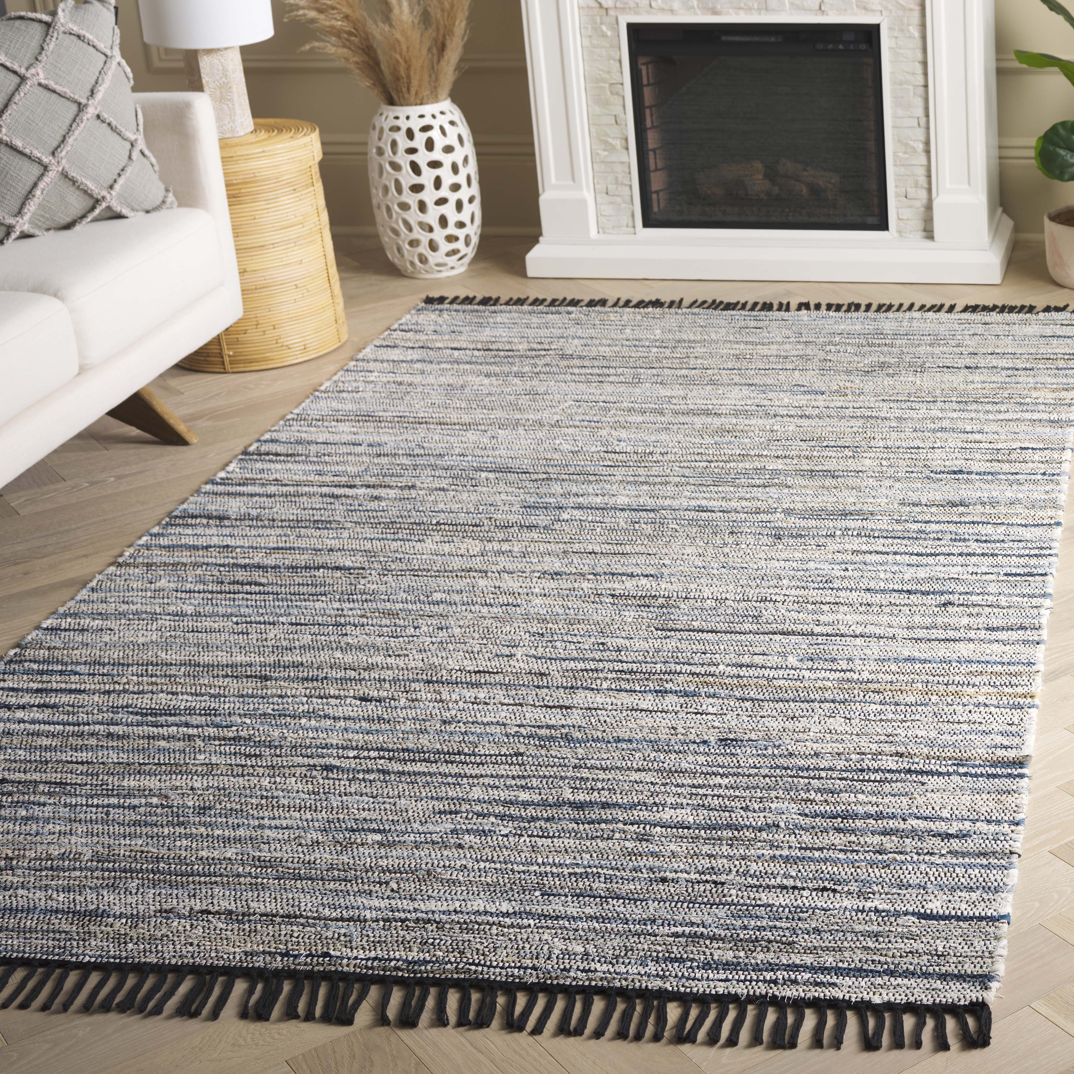 SAFAVIEH Rag Rug Lacework Distressed Area Rug, Light Blue/Black, 5' x 8'