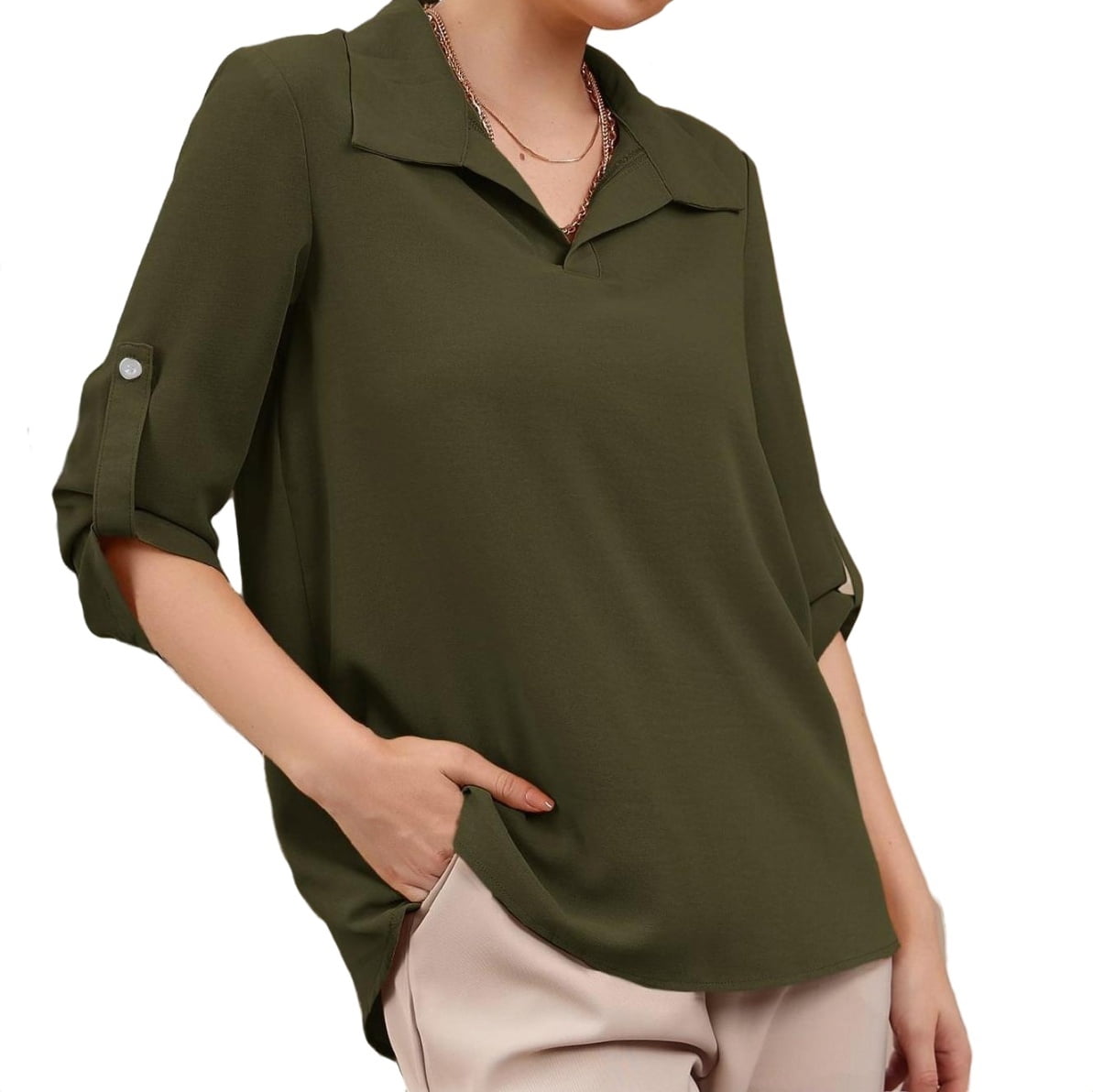 Youtalia Womens Blouses and Tops, Ladies Shirts Roll Sleeve Tunic Tops  Chiffon V Neck Blouse Pleats Solid Color Business Tops for Women Army Green  Small at  Women's Clothing store