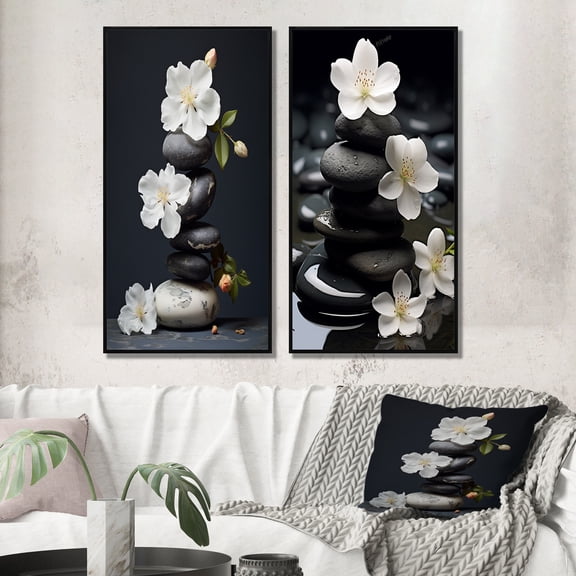 Designart "Zen Serenity White Flowers and Black Stone Cairn I" Spiritual Stone Framed Wall Art Set Of 2 - Traditional White Gallery Wall Frame Set For Home Decor