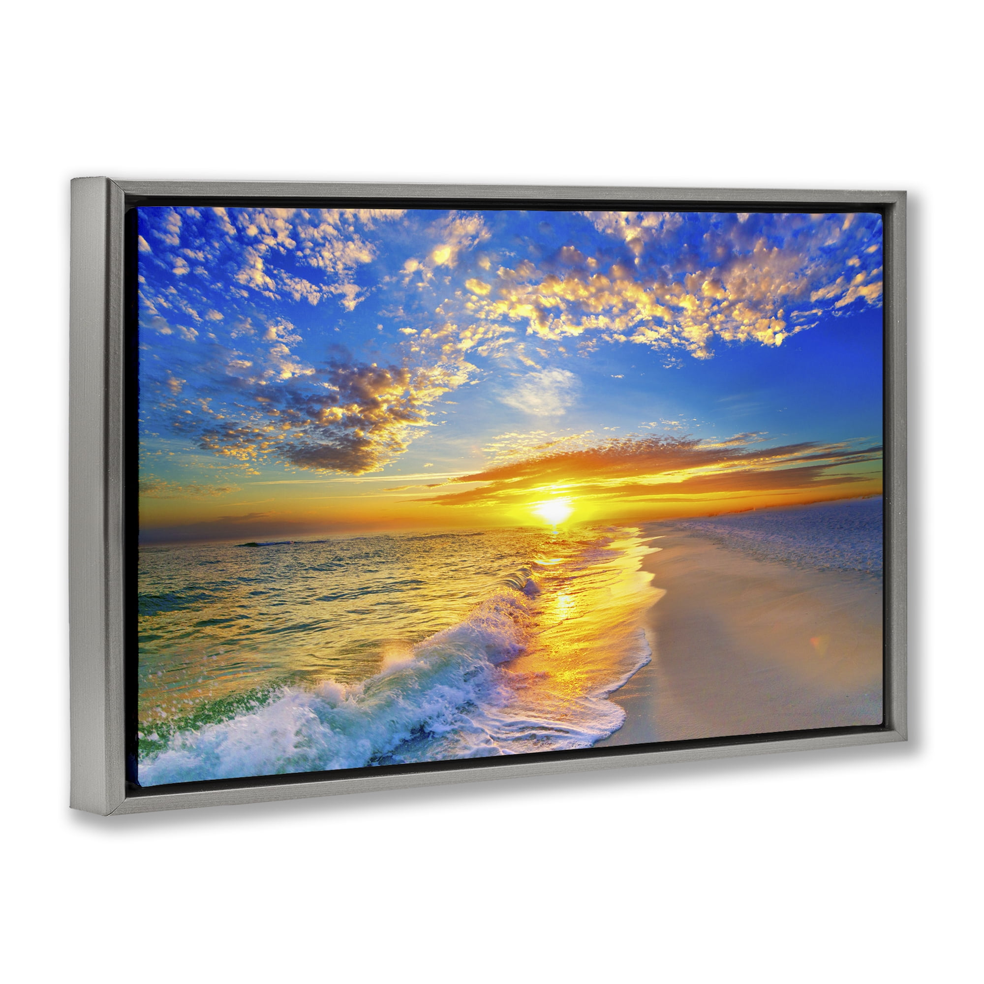 Stupell Industries Golden Sunset Beach Blue Sky Gray Framed Floater Canvas Wall Art, design by Eszra Tanner