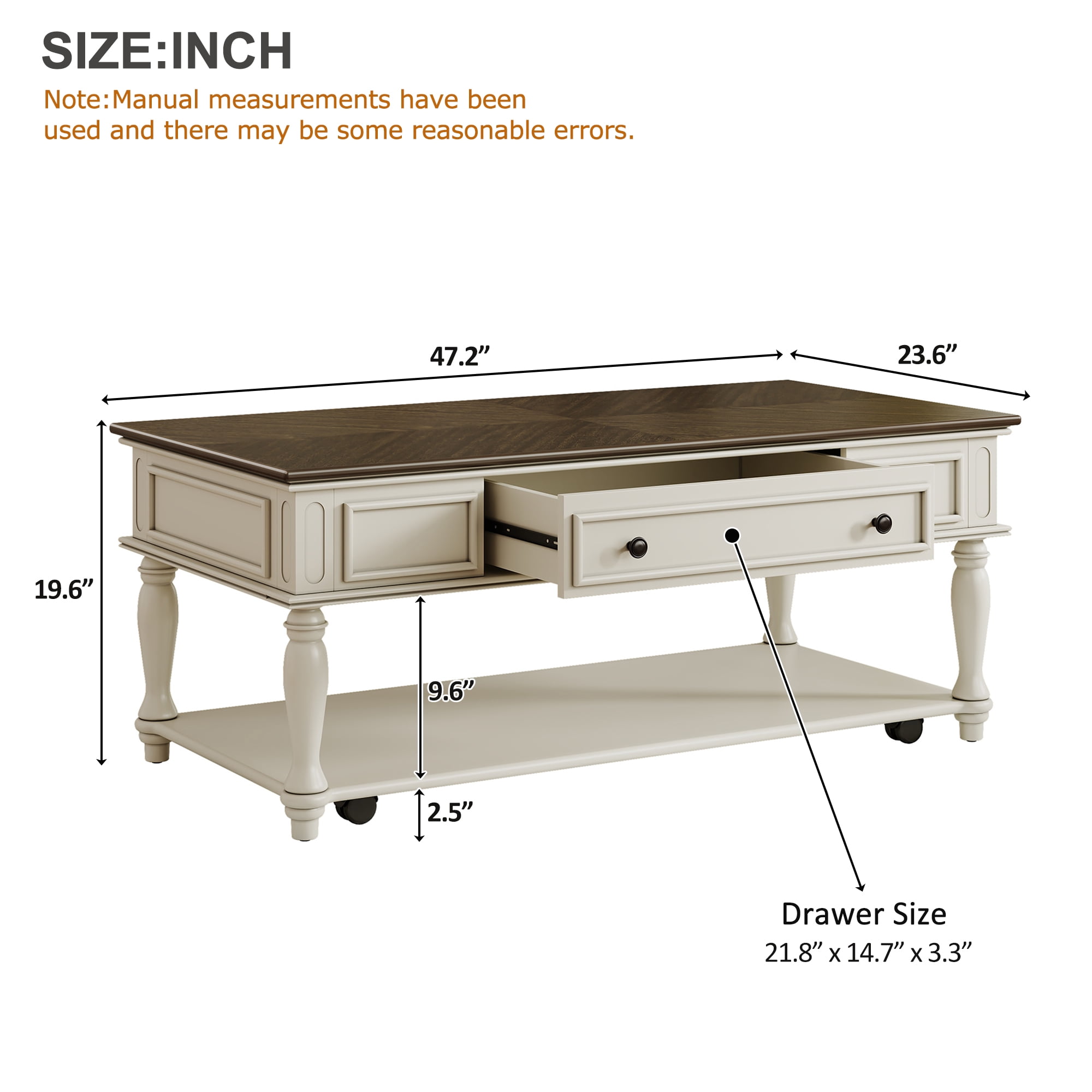 Euroco Farmhouse Coffee Table with One Drawer, Easy Assembly, Retro Movable Rectangular Cocktail Table with Lockable Wheels, Country Style Center Table with Solid Wood Legs