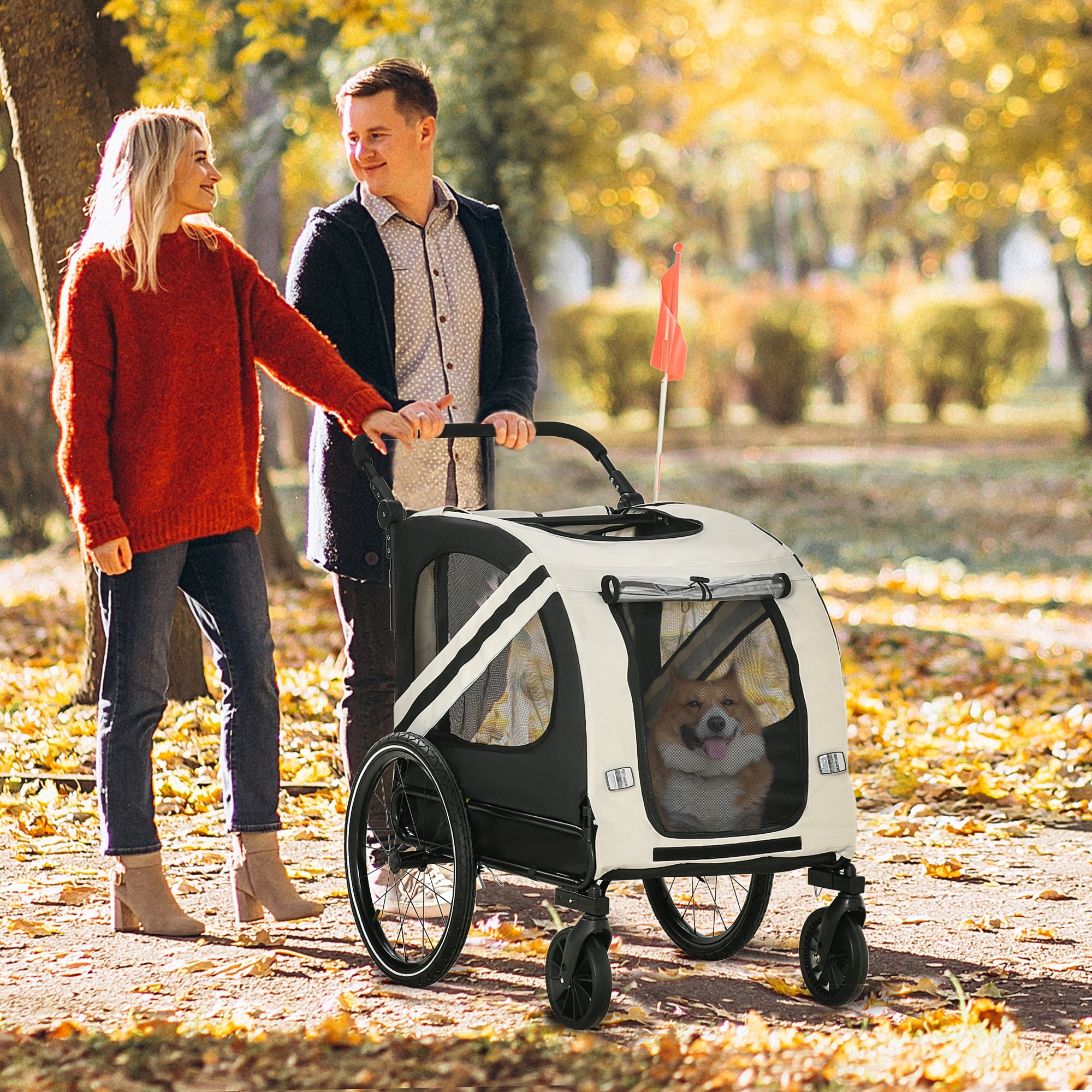 2-in-1 Pet Bike Trailer for Small Dogs, Road-Visibility Bicycle Stroller, Weather-Strong Bike Wagon Trailer Sidecar Attachment, White