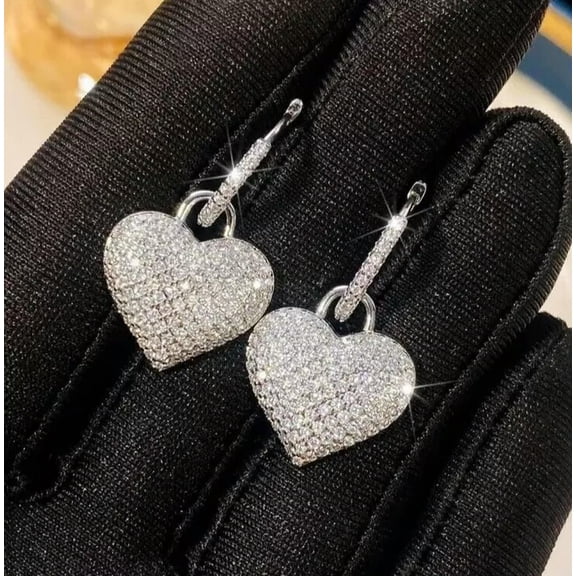 HOOUN 925 Silver Dangle Drop Heart shaped Earrings, Sparkle Silver Bling