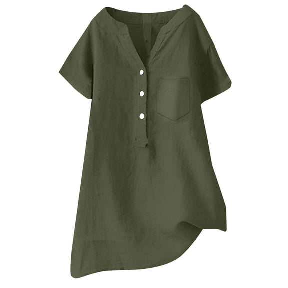 TODOZO Linen Blouse Summer Beach Short Sleeve V Neck Down Top Casual Tunic Loose Shirt 2025 Button Down Shirts for Women Loose Shirts Short Sleeve Casual Collared Office Work Shirt with Pocket