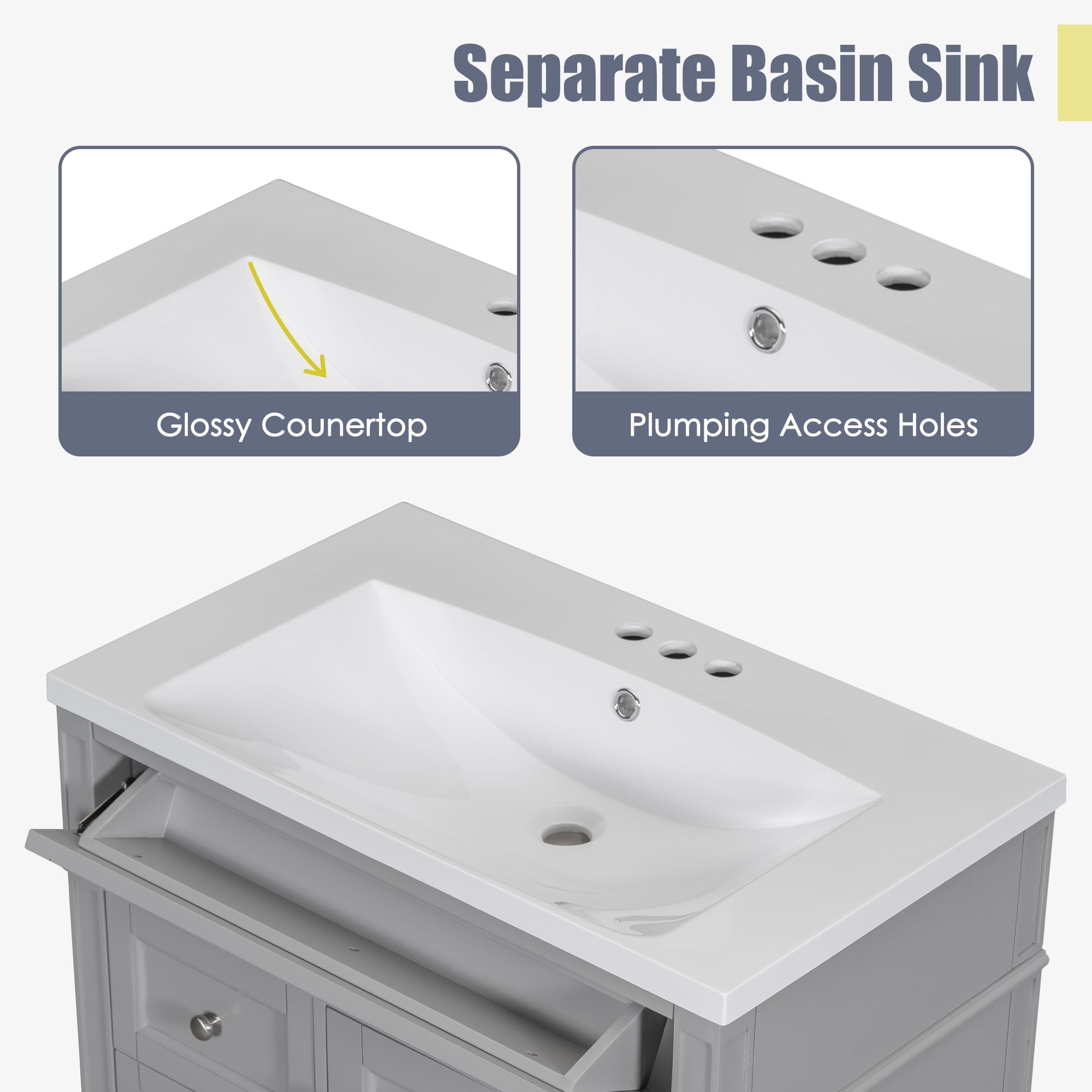 Harper & Bright Designs 30'' Bathroom Vanity with Sink and 2 Drawers and a Tip-out Drawer, Single Sink Bathroom Vanity Cabinet with Door and Adjustable Shelf, Gray