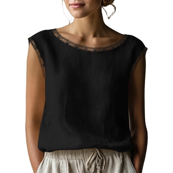 Yutgune Women's Boat Neck Lace Trim Linen Tank Top Sleeveless Casual Summer Blouse Shirt