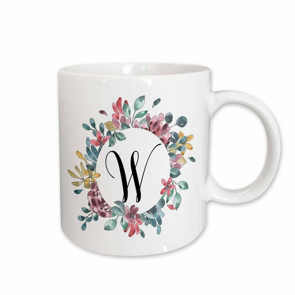 3drose, Pretty Watercolor Floral Circle Frame with a Monogram Initial W, 15oz Mug