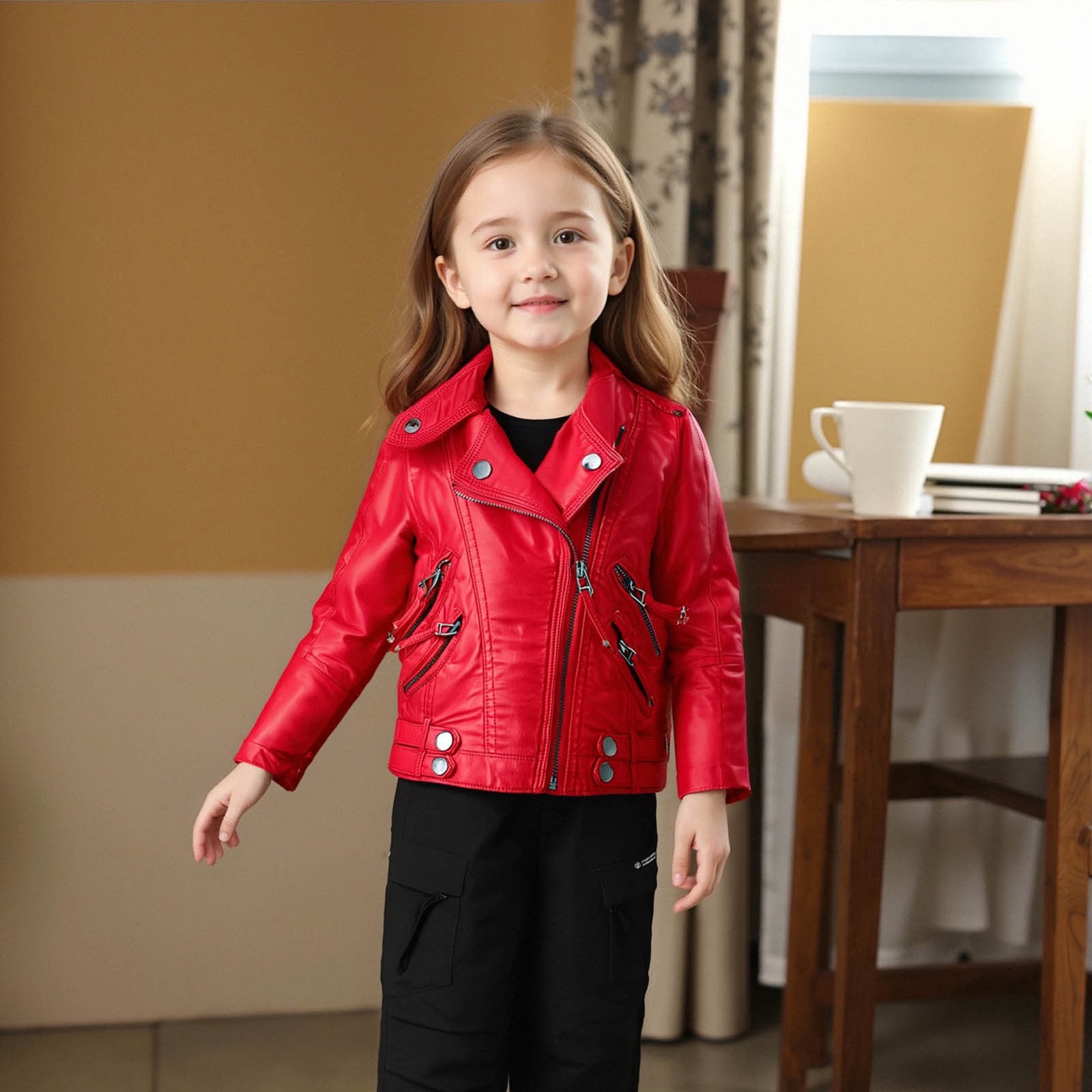 ATOGUTA Girls Faux Leather Jacket Motorcycle & Bomber Style for Kids Windproof Zip Jacket with Pockets Size 2T-14, Red