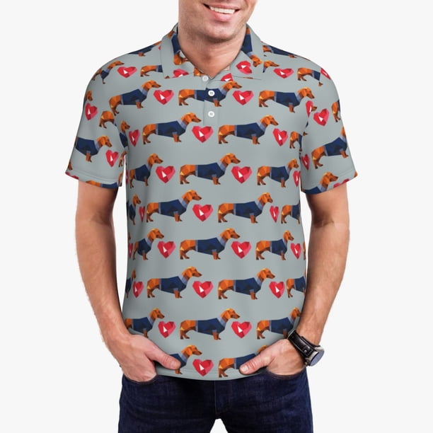 Balery Dachshund Dog Heart Camisa Polo de Hombre con Estampado, de Manga Corta y Tejido Medio, Camisa Tipo Golf Polo-Large