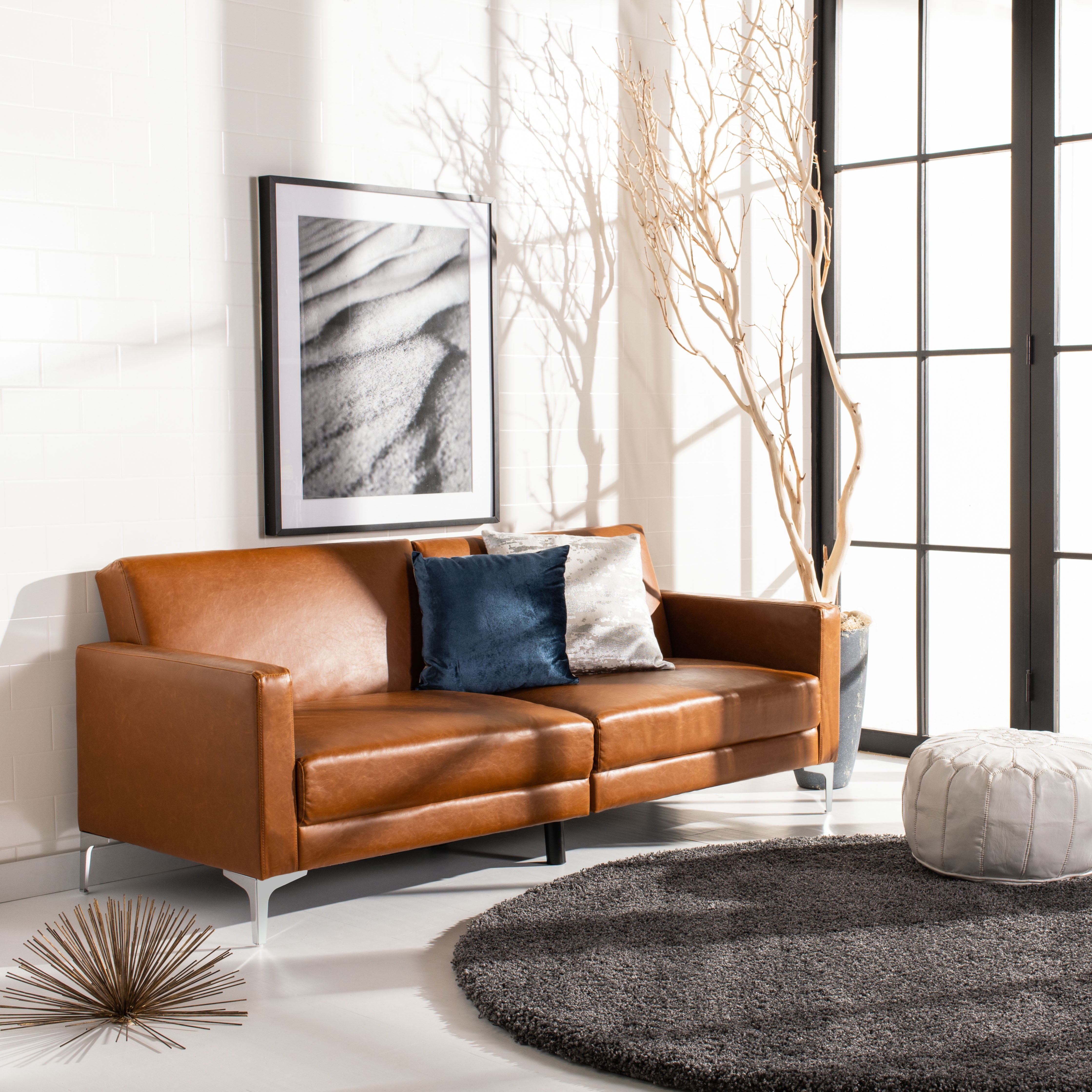 SAFAVIEH Chelsea Tansitional Foldable Futon Bed, Cognac/Chrome
