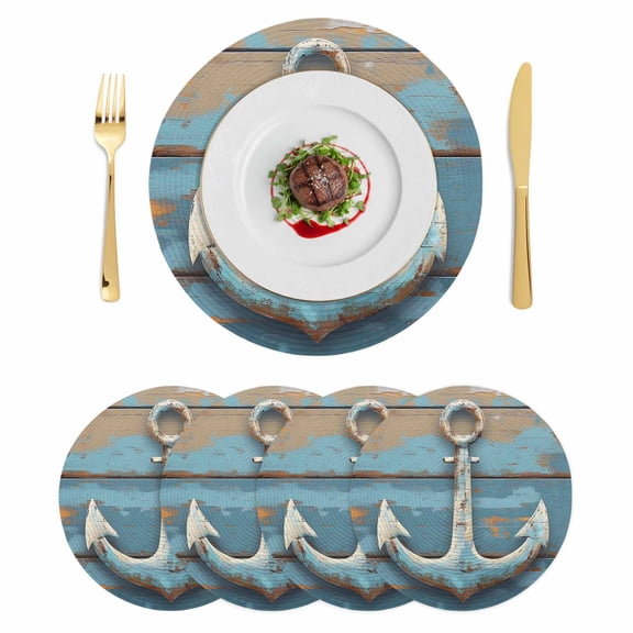 Nautical Anchor Round 15 Inch Placemats Set of 4, Retro Farmhouse Blue Wooden Grain HeatResistant Non Slip Place Mats for Dining Table, Wipeable Braided Kitchen Table Mats for Housewarming