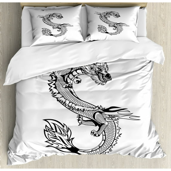 Japanese Dragon Duvet Cover Set King Size, Ancient Far Eastern Culture Esoteric Magical Monster Symbolic Thai Style, Decorative 3 Piece Bedding Set with 2 Pillow Shams, Black White, by Ambesonne