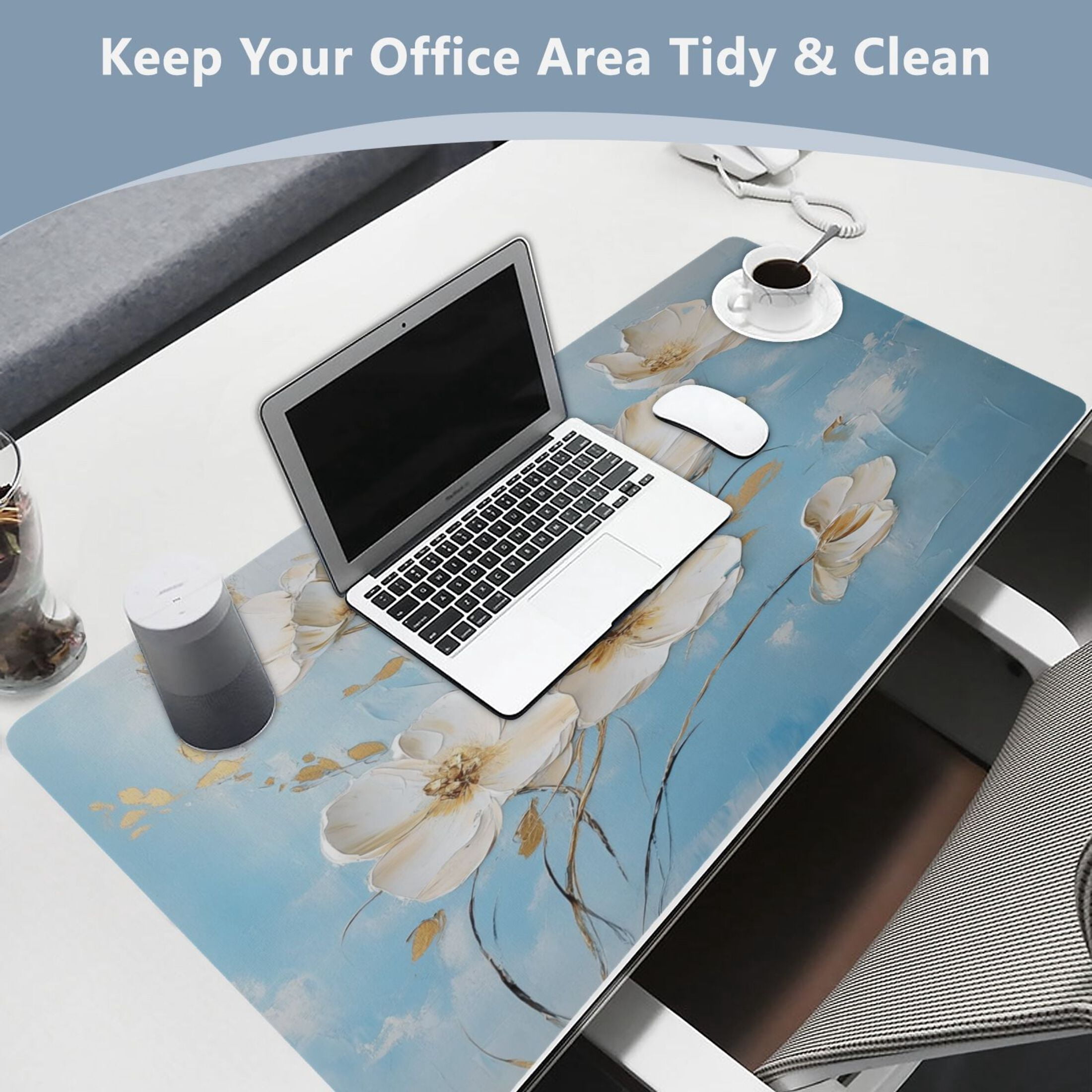 Leather Keyboard and Mouse Desk Mat Office Desk Accessories Protective Office Desk Decor Desk Pad Mat for Gaming, Work from Home, Office Elegant White Flowers 23.6" x 47.2"