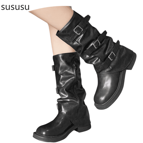 Stylish Women's Mid Calf Boots With Belt Buckle And Sole For Casual Wear And Fall Winter Season Round Toe Design For Comfortable All Day Wear