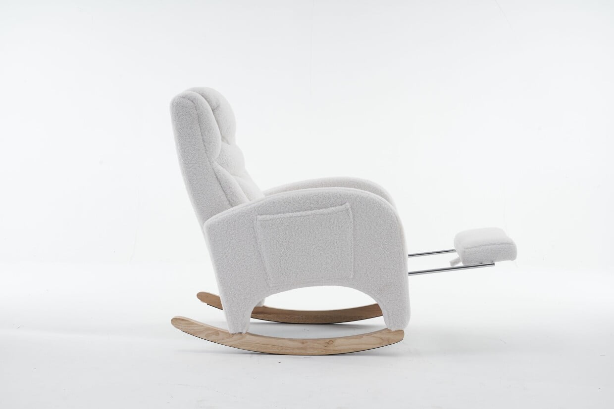 Nursery Rocking Chair with Two Side Pockets & Adjustable Footrest, Teddy Fabric Rocker with High Backrest, Modern Rocking Accent Chair for Living Room, Bedroom, Ivory