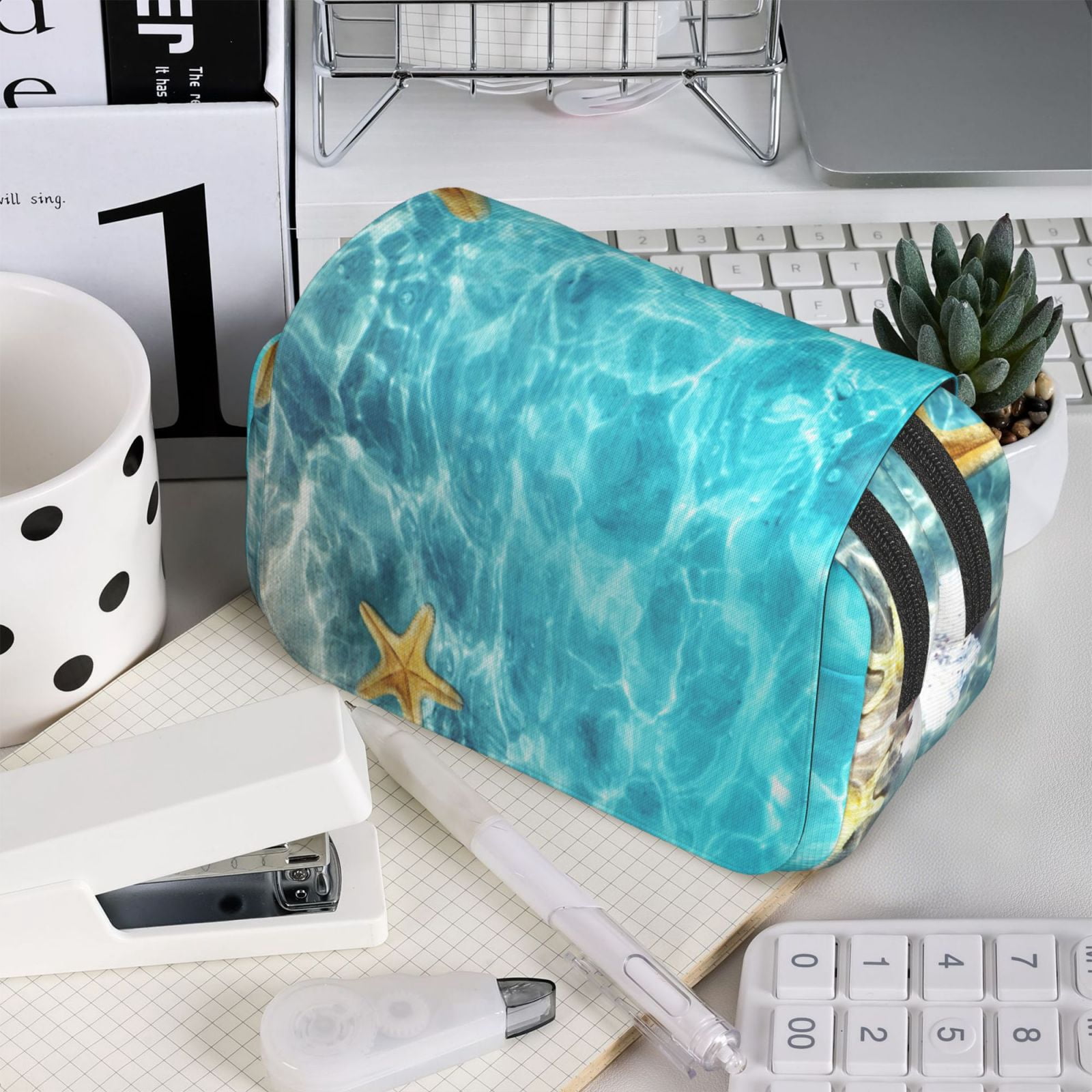 Rateoe Coral And Seashell On The Beach Pattern Double Clamshell Pen Case, Storage Organizer with Two Zipper Compartments– Holds Up to 50 Pencils & Pens