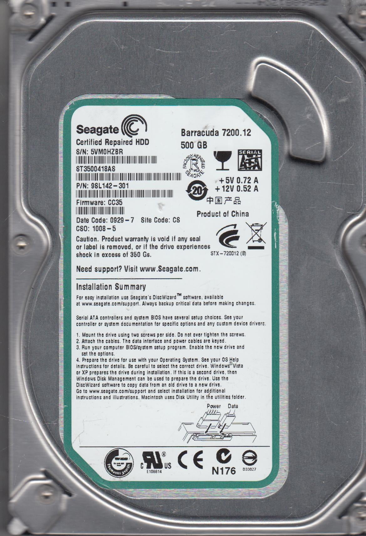 ST3500418AS, 5VM, CS, PN 9SL142-301, FW CC35, Seagate 500GB SATA 3.5 ...