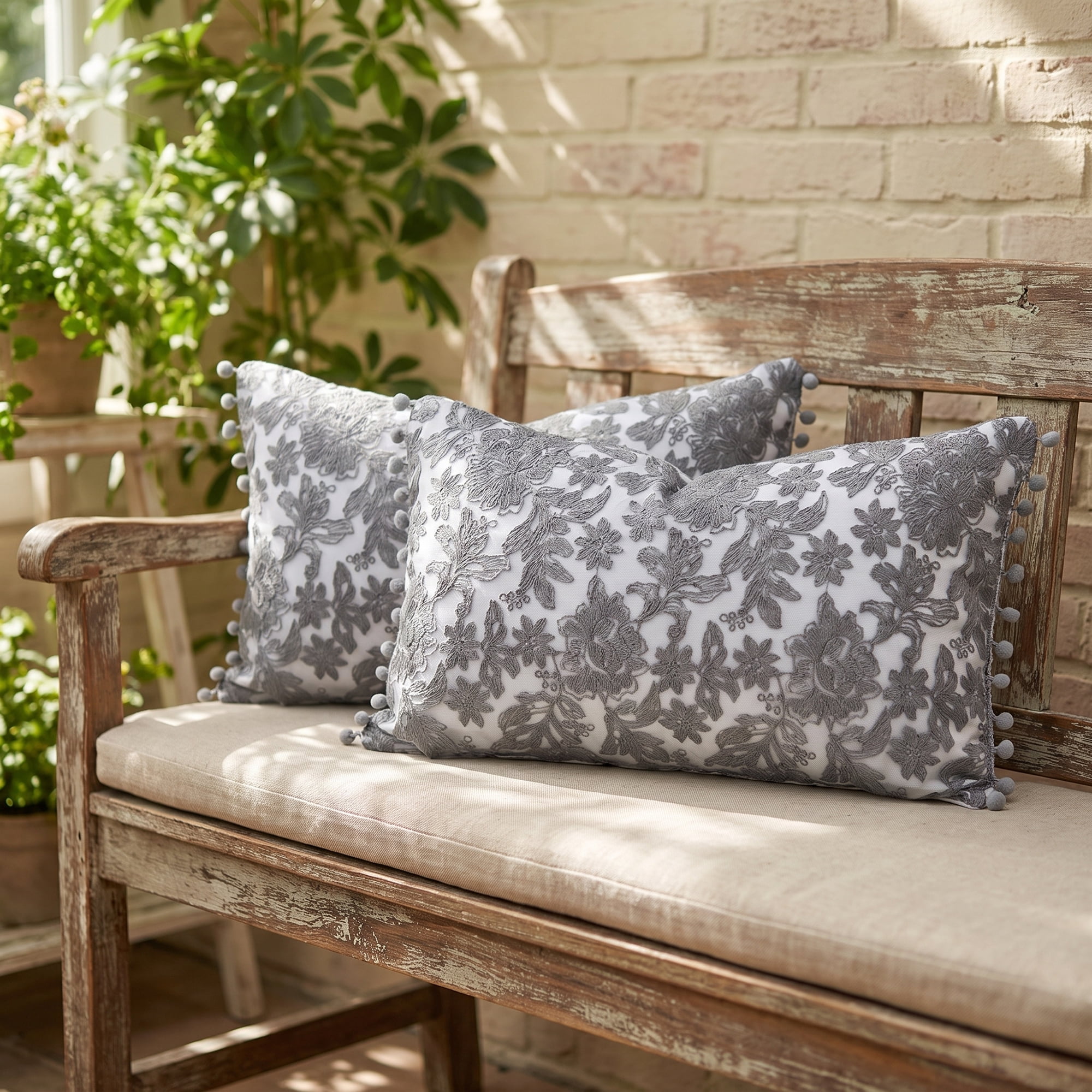 Unique Bargains Elegant Vintage Floral Throw Pom-Pom Pillow Covers Grey 20" x 12"