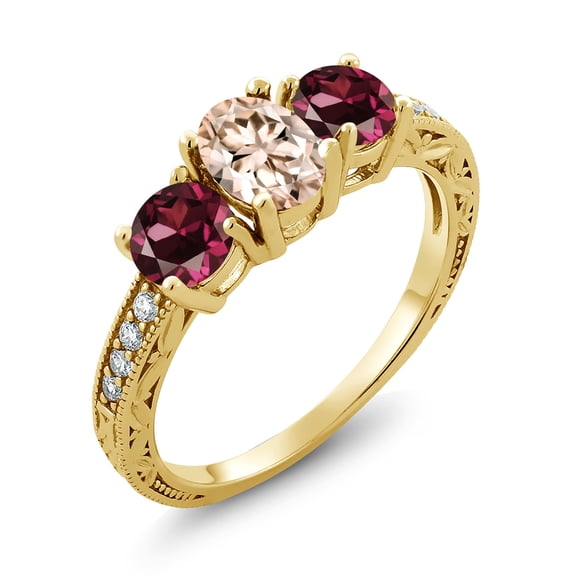 Gem Stone King 1.97 Ct Peach Morganite Red Rhodolite Garnet 18K Yellow Gold Plated Silver Moissanite Ring (Size 5)