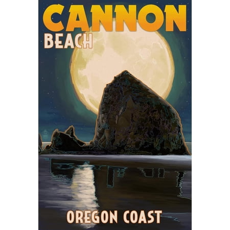 Art.com Cannon Beach Oregon - Haystack Rock and Full Moon Art Print by Lantern Press 12 x 18