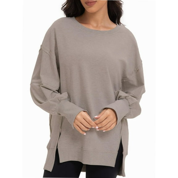 Women Oversized Sweatshirts Crewneck Side Slit Pullover Long Sleeve Casual Tops