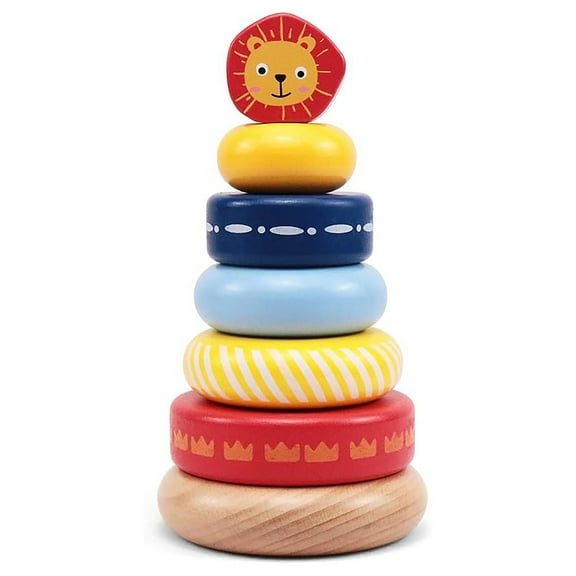 LEO & FRIENDS: Wooden Stacking Ring Toy - Coloful Tower, Leo The Lion Animal Topper, Sorting, Montessor, Early Development, Baby-Toddler-Kid Age 12mo 