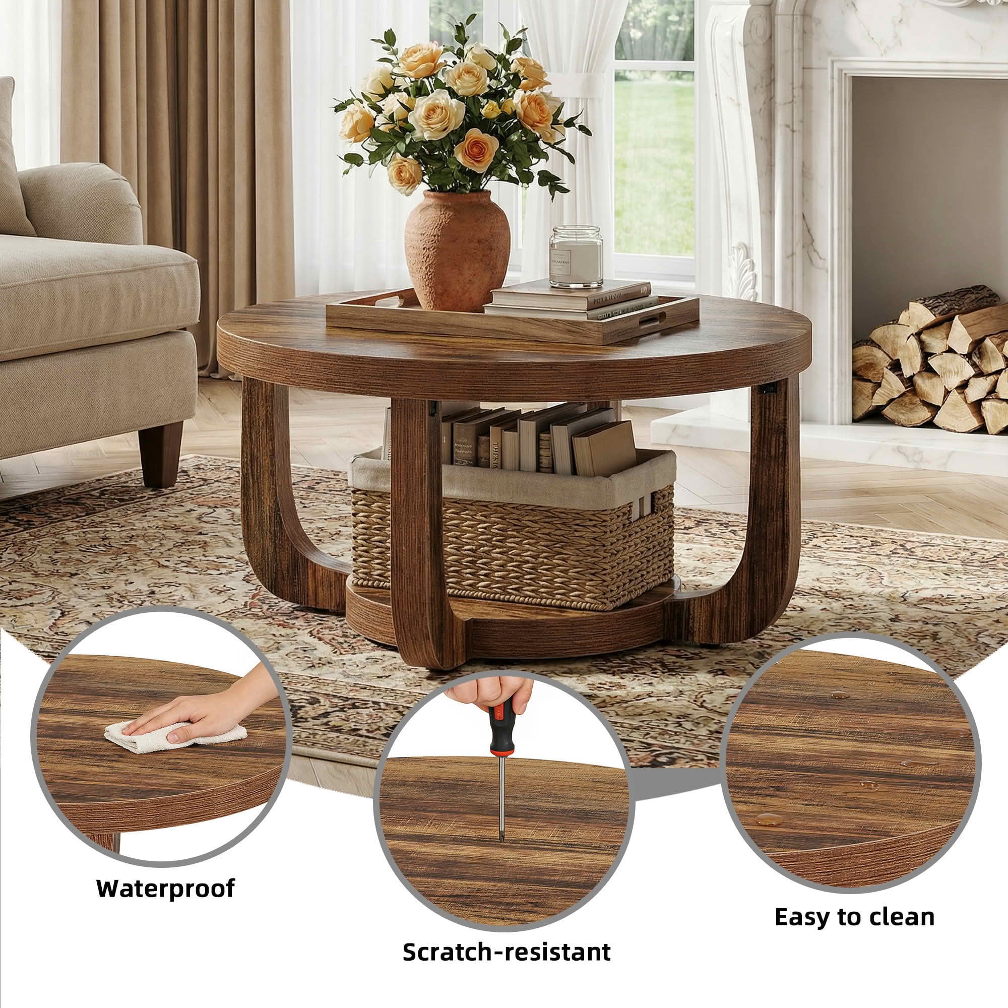 MAYEETY 31.5 Inch 2-Tier Round Coffee Table Modern Storage Living Room Table