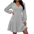 thumbnail image 2 of Karymi Plus Size Dresses Brushed Ribbed Knit Mini Dress Deep V Neck Lantern Long Sleeve High Waist Flared Ruffle Hem Casual Fall Short Dress, 2 of 8