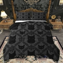 Feelyou Black Cat Kitten Queen Comforter Set, Damask Flower Print Bedding Sets, Bohemian Tribal Animal Reversible Bedding Comforter Set, Super Cozy Room Decor, 3 Pieces