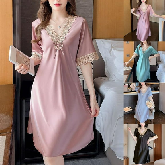 YHAJDS Winter Casual Pajama Suits For Women,Sleepwear For Women Nightgown Sleepwear With Built In Bra Home Wear Solid Color Short Sleeve Knee Length Nightgown With Satin And Lace Panels