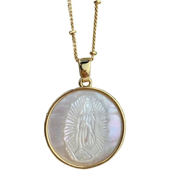 DYFUHO Medal Mother of Pearl Virgin Mary Guadalupe Salvation Miraculous Necklace,Faith Gold Plated Coin Necklace for Women