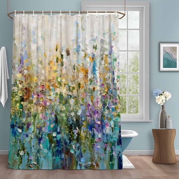 Wild Garden Shower Curtain with Hooks, Rustic Yellow Teal Floral Impressionist Landscape Water Repellent Shower Curtains for Bathroom Decor Sturdy Shower Curtain, Machine Washable 60x72 Inch