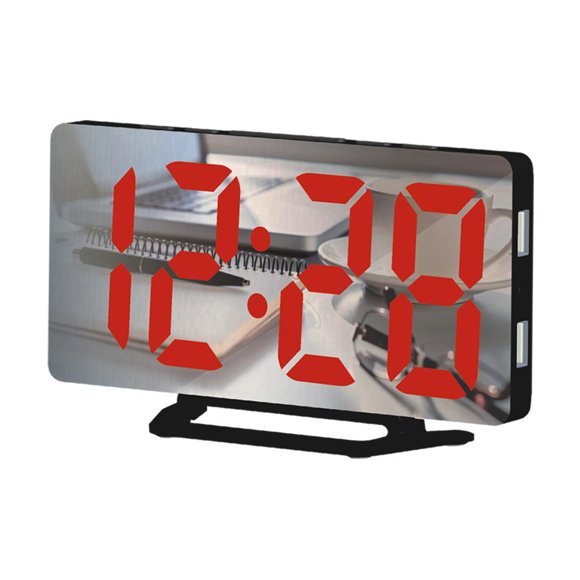 Reloj LED grande con dos puertos de carga USB - Superficie de espejo silenciosa rojo